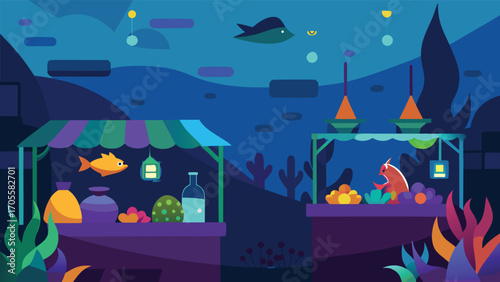 Bustling underwater marketplace illustration of vibrant fish trade and ocean life