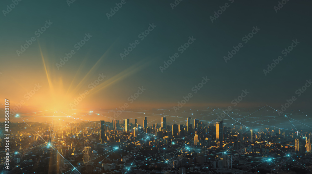 Obraz premium Sunshinea city of modern business and smart digital innovation with a network of interconnected rewards over the cityscape of the future smart wireless digital city and social media network