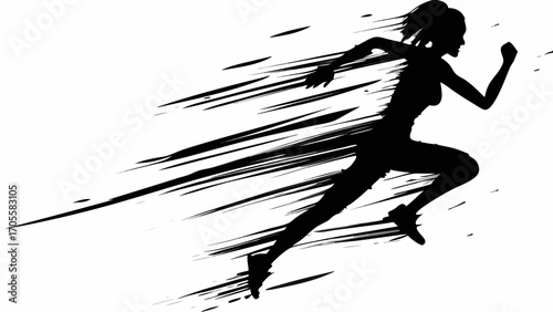 Silhouette of a woman running with motion lines indicating speed and movement on a white background