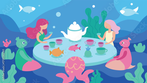 Whimsical underwater tea party hosted by mermaids and marine friends scalable vector illustration