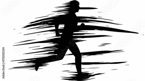 Silhouette of a person running with motion lines conveying speed and movement in black and white design