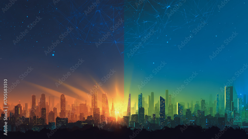 Fototapeta premium Sunshinea city of modern business and smart digital innovation with a network of interconnected rewards over the cityscape of the future smart wireless digital city and social media network