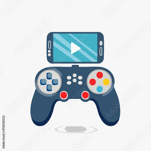 Smartphone atop a game controller illustration representing digital gaming and entertainment