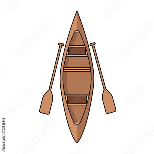 Top view of a wooden canoe with two paddles.
