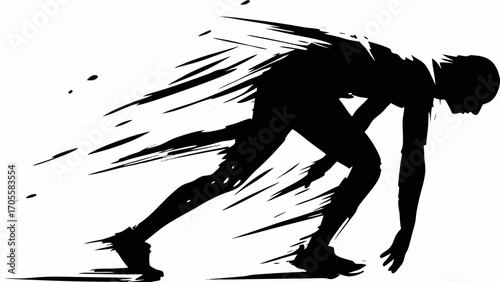 Silhouette of a sprinter in starting position with motion blur effect in black and white color scheme
