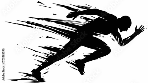 Silhouette of a runner in motion with speed lines showing fast movement and black and white design style