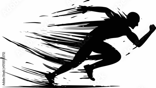 Silhouette of a runner in motion with speed lines emphasizing movement and forward momentum in black and white