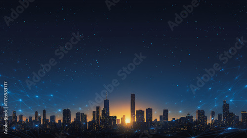 Sunshinea city of modern business and smart digital innovation with a network of interconnected rewards over the cityscape of the future smart wireless digital city and social media network