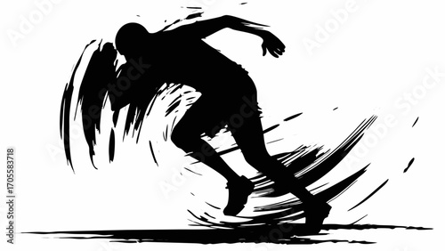 Silhouette of a sprinter in motion with abstract brush stroke effect and dynamic energy on a white background