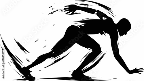 Silhouette of a sprinter in starting position with dynamic brush stroke effect showing motion and speed