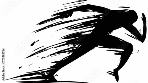 Silhouette of a runner in motion with brush stroke effect conveying speed and energy in black and white