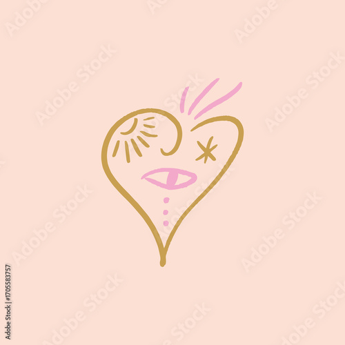 Bohemian Pink Heart with Crown and Eye Symbols Vector Clipart
