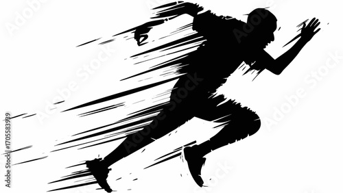 Silhouette of a runner in motion with speed lines indicating fast movement and dynamic action on white background