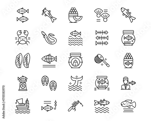 Fish and Seafood Line Vector Icons