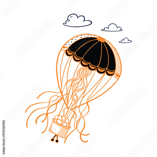 Whimsical jellyfish hot air balloon illustration floating among clouds and birds