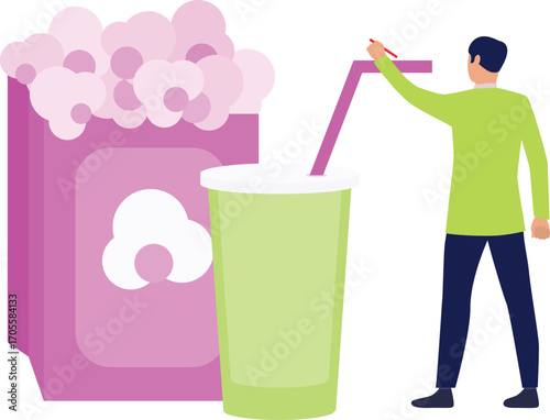 Boy drinking juice with popcorn