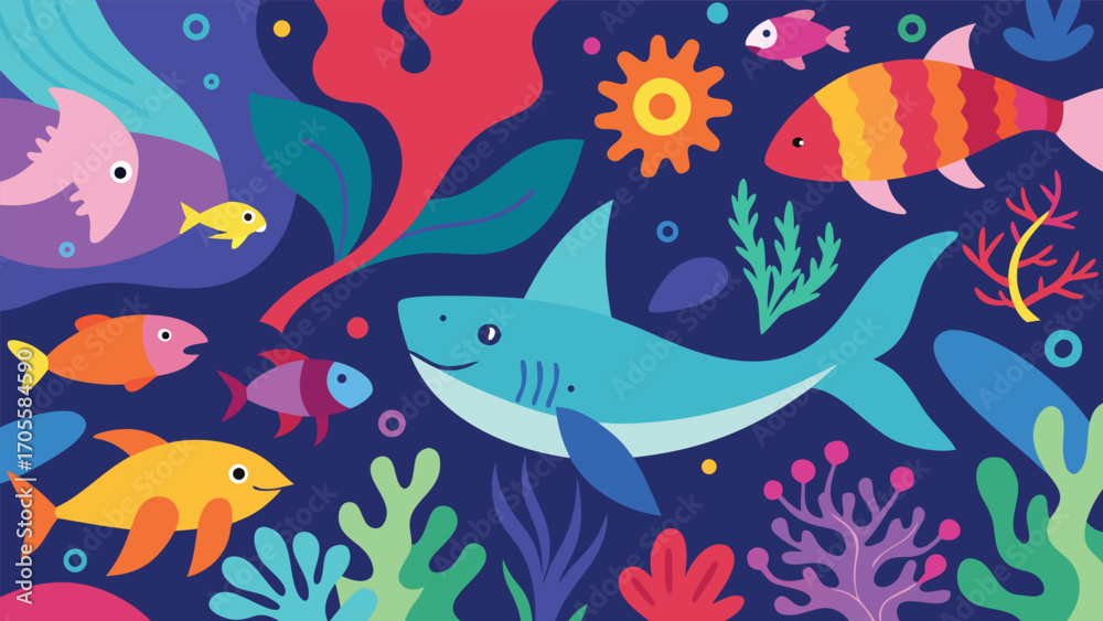 Naklejka premium Vibrant underwater scene vector illustration of colorful marine life and coral reefs