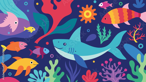 Vibrant underwater scene vector illustration of colorful marine life and coral reefs
