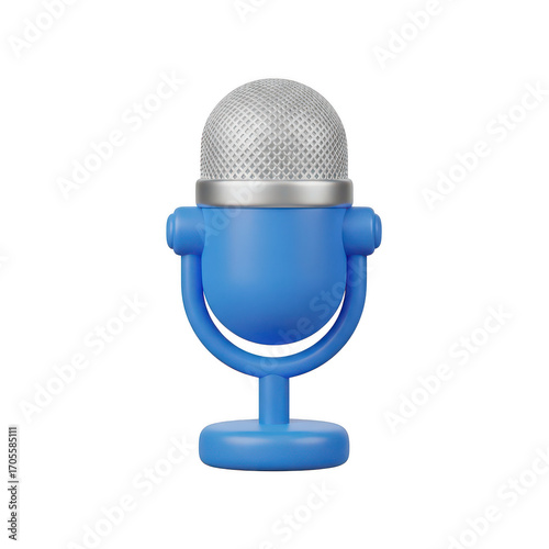 3d blue and silver microphone icon isolated on transparent background