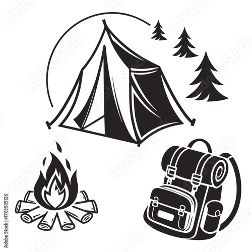 Black Silhouette Icons of a Tent, Campfire, and Backpack for Outdoor Adventures logs