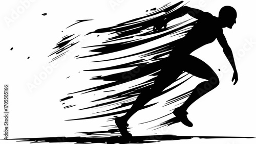 Silhouette of a runner in motion with streaks indicating speed and movement in black and white drawing