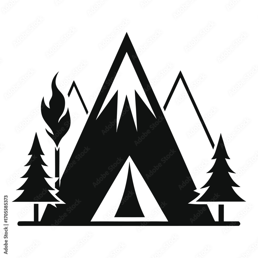 Obraz premium Black silhouette of a large tent with mountains, a campfire, and pine trees Keywords: camping, tent, mountain, mountains, campfire, fire, flame, trees, pine trees, forest, outdoor, nature