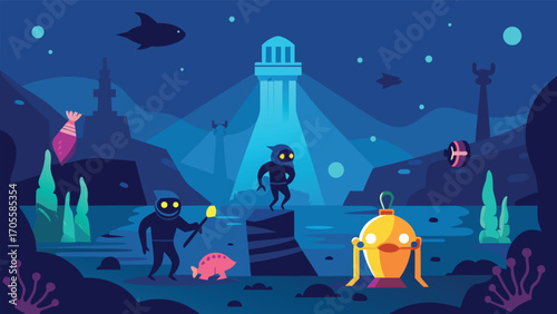 Deep sea exploration divers discover mysterious underwater world vector illustration