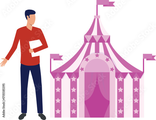 boy holding paper standing outside the circus tent
