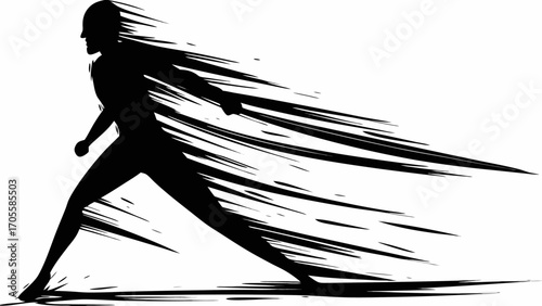 Silhouette of a person in motion with speed lines indicating rapid movement and dynamic energy flow effect