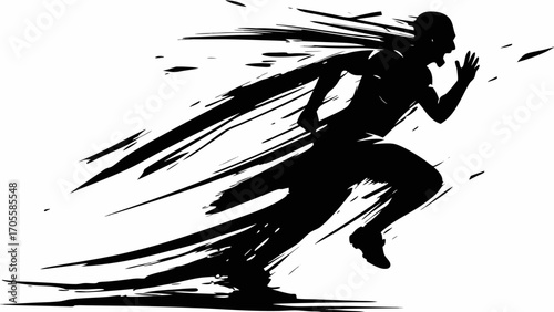 Silhouette of a man running with motion blur and outstretched arm in a black and white illustration