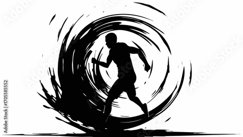 Silhouette of a runner emerging from a swirling black vortex on a white background design vector art