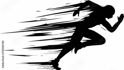 Silhouette of a runner in motion with speed lines indicating rapid movement and athletic performance shown