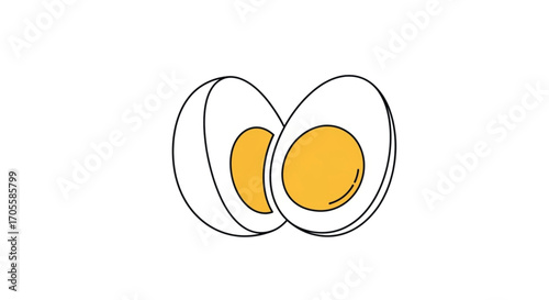 Two halves of a hard boiled egg on a white background.