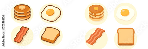 A delightful breakfast spread featuring fluffy pancakes, perfectly fried eggs, crispy streaky bacon, and golden sliced toast