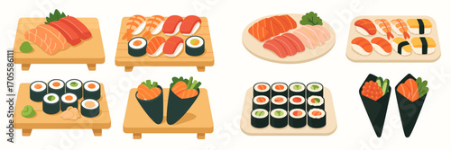 Collection of various Japanese sushi, sashimi, and maki rolls presented on traditional wooden serving boards