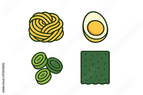 Essential Asian food ingredients featuring ramen noodles, sliced boiled egg, green onions, and nori seaweed