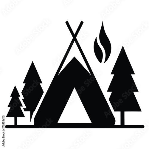 Black silhouette of a teepee tent with a campfire and pine trees on a white background camping