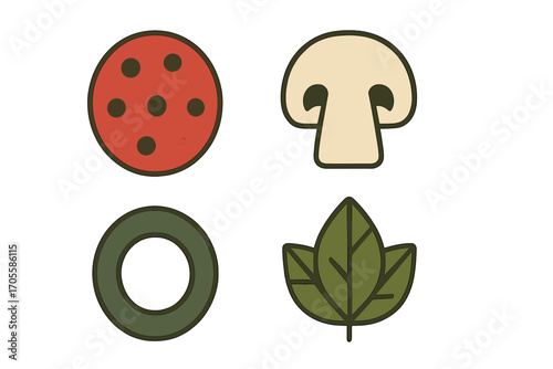 Pizza toppings icons: pepperoni, mushroom, onion, and basil
