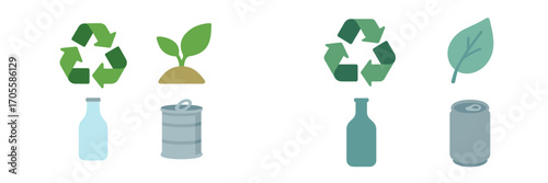 Set of ecological and environmental conservation icons including universal recycling symbols, natural elements, and common recyclable items
