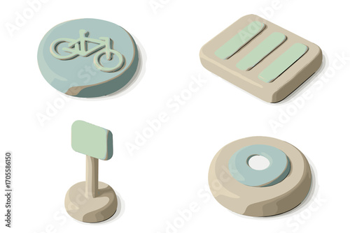 Modern 3D graphic elements in soft pastel colors including a bicycle icon, data bars, a blank sign, and a ring shape