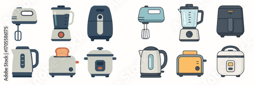 Assortment of contemporary kitchen appliances for daily household use, including mixers, blenders, kettles, toasters, and air fryers