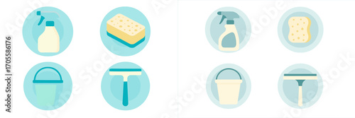 Set of cleaning supplies icons including spray bottle, sponge, bucket, and squeegee
