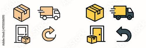 Shipping and delivery service icons featuring package box, delivery truck, door, and return arrow symbols