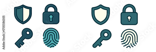 Digital security and data protection icons featuring shield, padlock, key, and fingerprint symbols for online safety