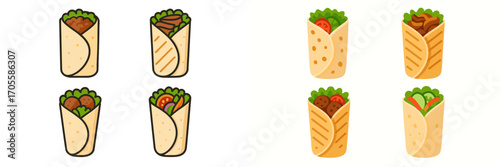 Collection of wraps and burritos featuring diverse fillings including meat, falafel, and fresh vegetables