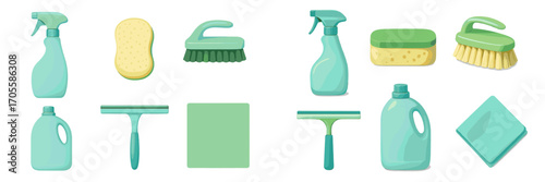Household cleaning supplies assortment with bottles, sponges, and brushes