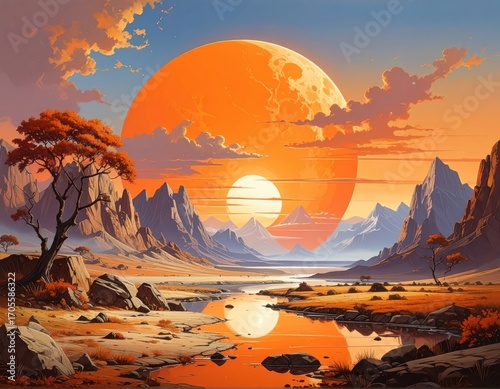 A breathtaking landscape panorama depicts a serene valley, serene mountains, and a magnificent double sunrise, featuring vibrant orange and gold hues reflecting in a placid river.