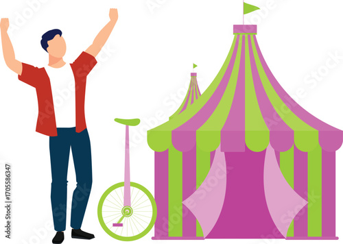 Boy is dancing outside the circus tent