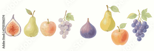 Assortment of fresh organic fruits including figs pears apples and grapes in a vibrant watercolor style