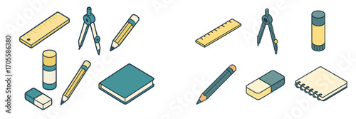 Isometric collection of essential school and office supplies featuring ruler compass pencil eraser book and glue stick